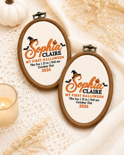 Personalized First Halloween Embroidered Ornament, Custom Baby Birth Stats Hoop, Baby Girl Halloween Gift, Pumpkin Keepsake
