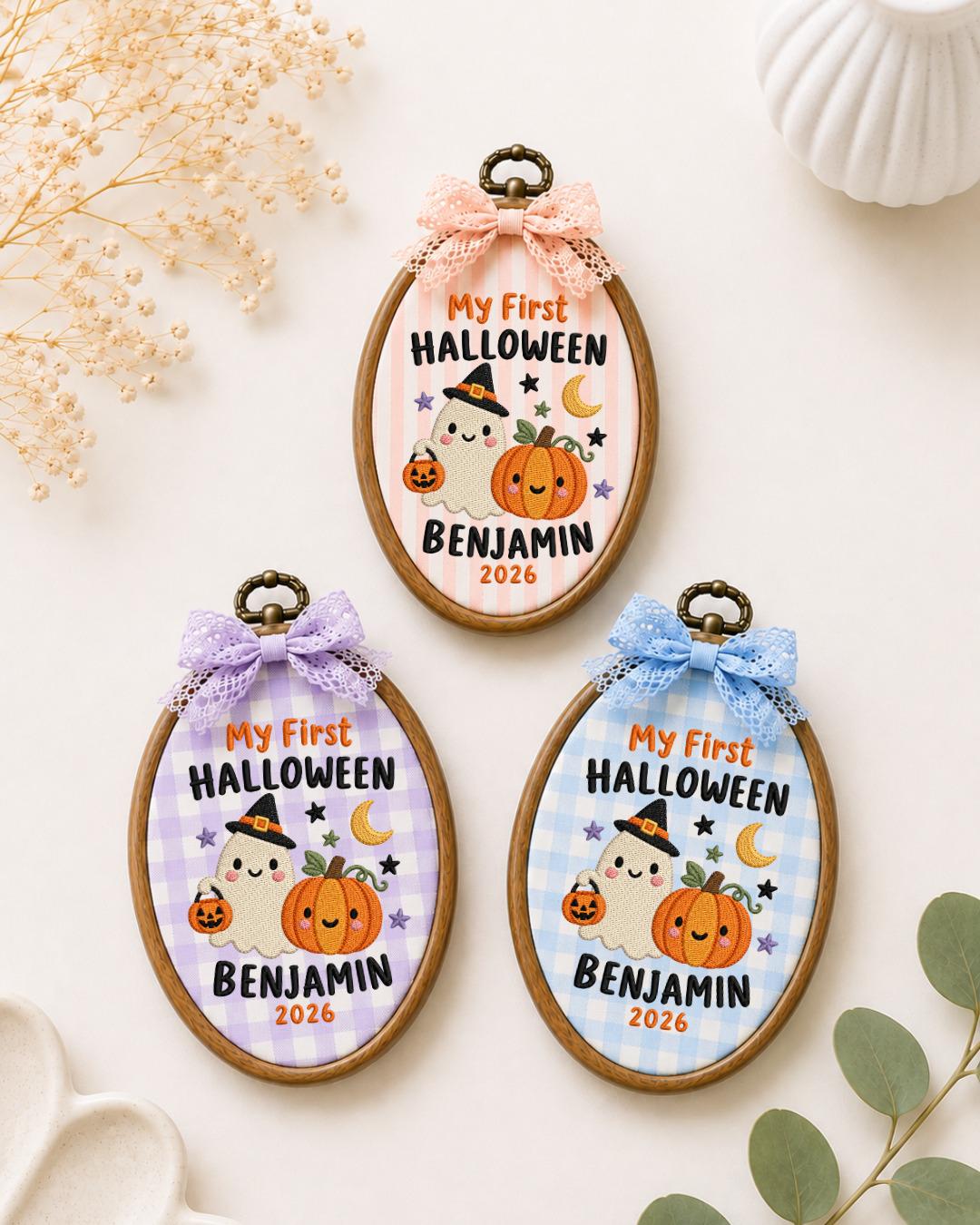 Personalized First Halloween Embroidered Ornament, Custom Baby Name Ghost Hoop, Pumpkin Halloween Keepsake, Baby Halloween Gift
