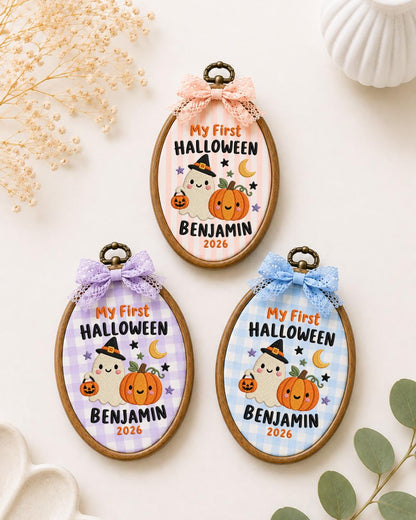 Personalized First Halloween Embroidered Ornament, Custom Baby Name Ghost Hoop, Pumpkin Halloween Keepsake, Baby Halloween Gift