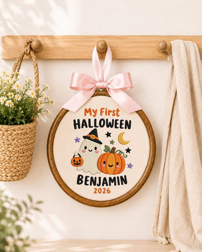 Personalized First Halloween Embroidered Ornament, Custom Baby Name Ghost Hoop, Pumpkin Halloween Keepsake, Baby Halloween Gift