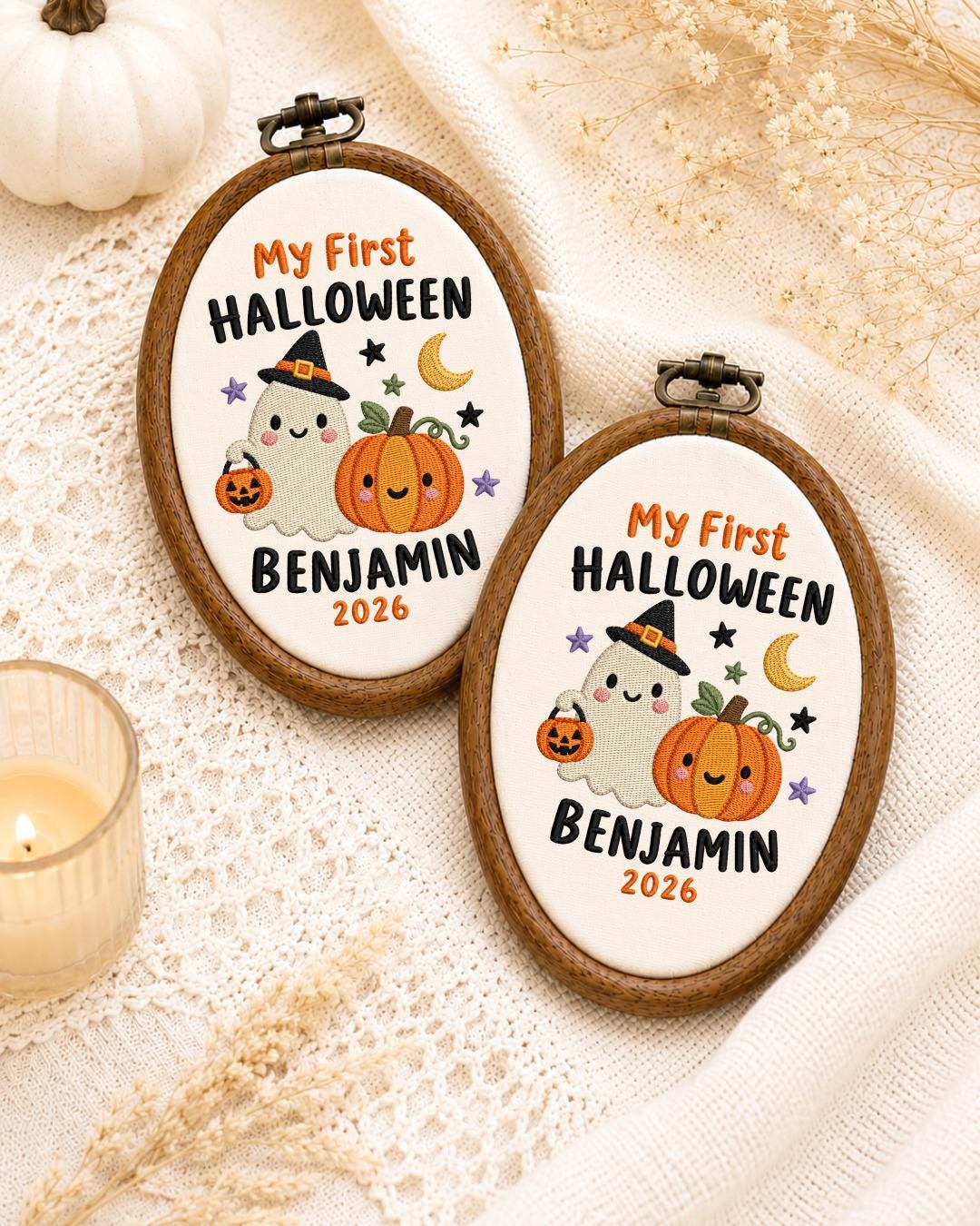 Personalized First Halloween Embroidered Ornament, Custom Baby Name Ghost Hoop, Pumpkin Halloween Keepsake, Baby Halloween Gift
