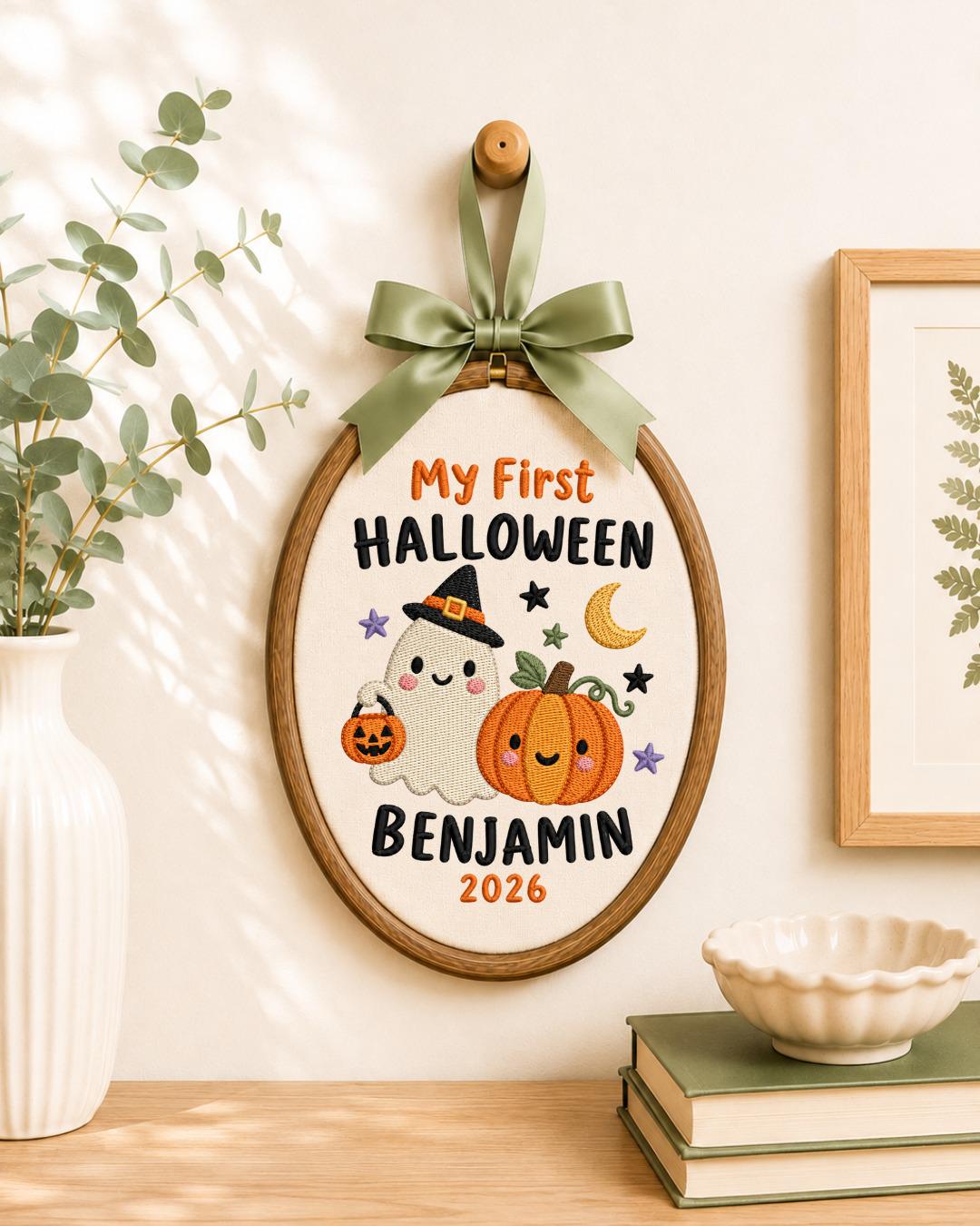 Personalized First Halloween Embroidered Ornament, Custom Baby Name Ghost Hoop, Pumpkin Halloween Keepsake, Baby Halloween Gift