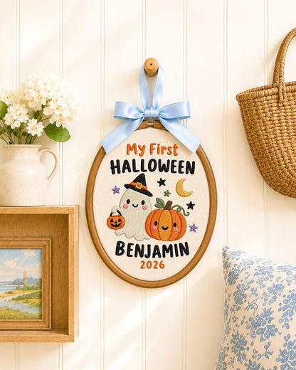 Personalized First Halloween Embroidered Ornament, Custom Baby Name Ghost Hoop, Pumpkin Halloween Keepsake, Baby Halloween Gift