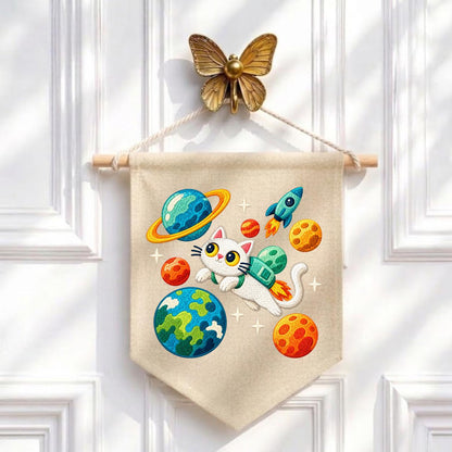 Embroidered Astronaut Cat Canvas Banner Decor, Outer Space Planets Rocket Solar System Nursery Wall Hanging Sign, Kids Room Boy Gift