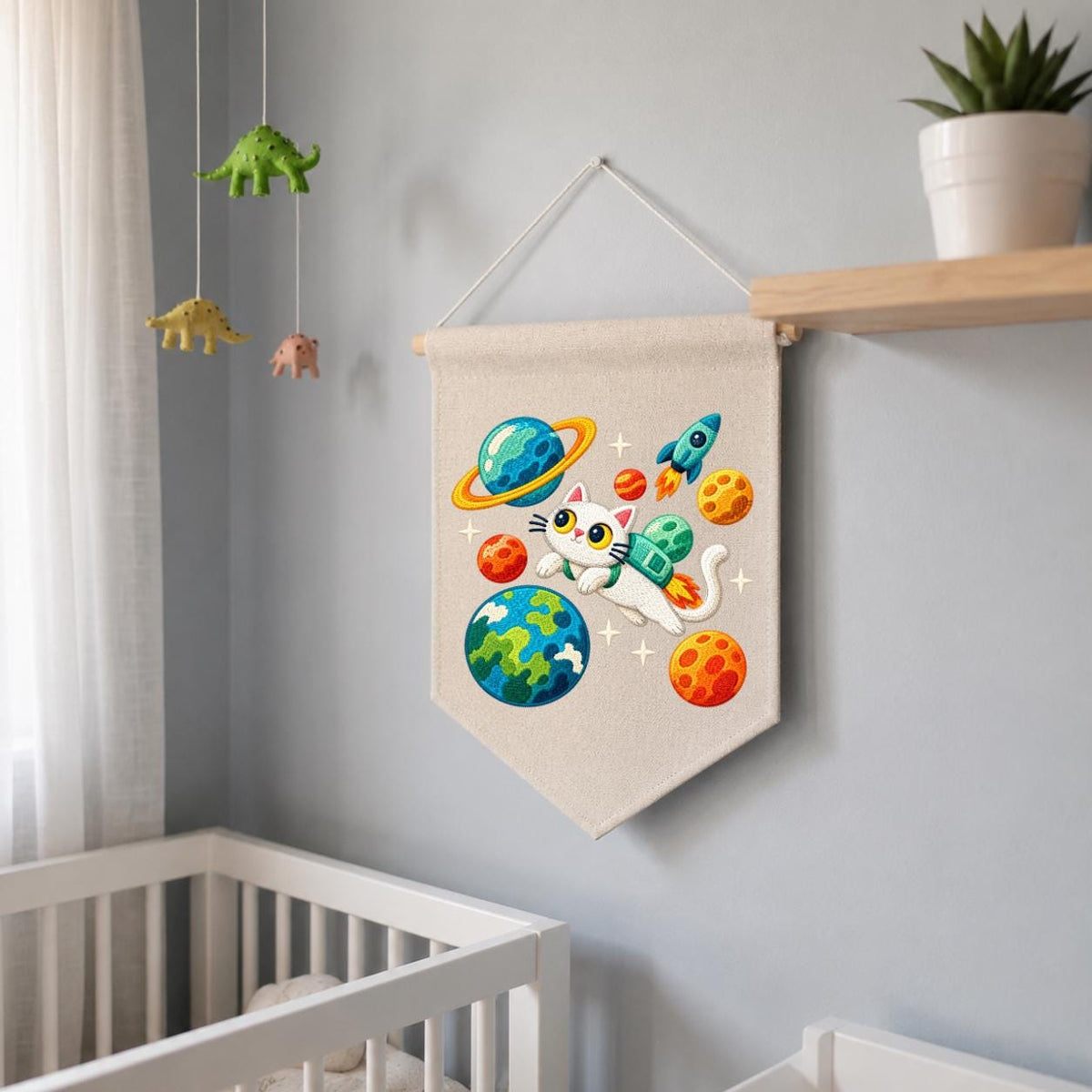 Embroidered Astronaut Cat Canvas Banner Decor, Outer Space Planets Rocket Solar System Nursery Wall Hanging Sign, Kids Room Boy Gift