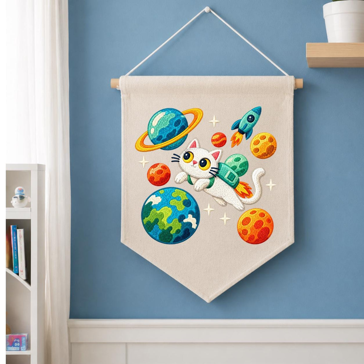 Embroidered Astronaut Cat Canvas Banner Decor, Outer Space Planets Rocket Solar System Nursery Wall Hanging Sign, Kids Room Boy Gift