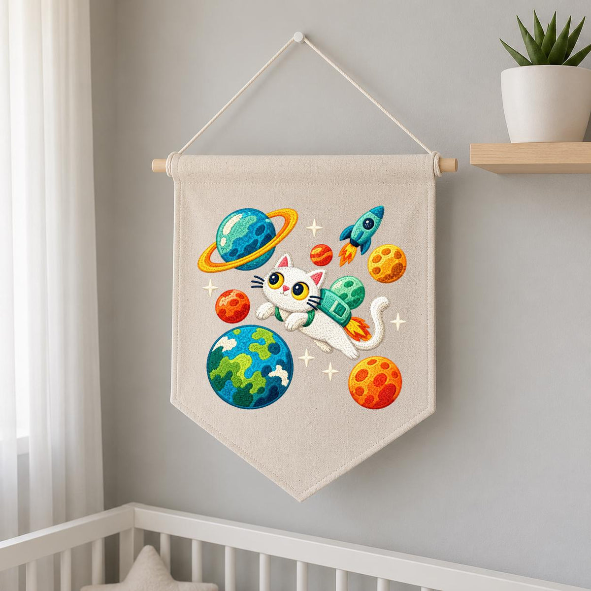 Embroidered Astronaut Cat Canvas Banner Decor, Outer Space Planets Rocket Solar System Nursery Wall Hanging Sign, Kids Room Boy Gift