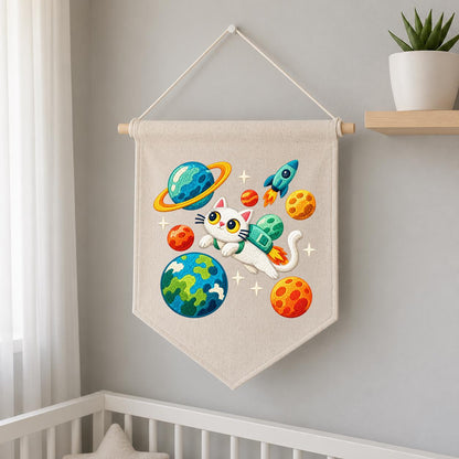 Embroidered Astronaut Cat Canvas Banner Decor, Outer Space Planets Rocket Solar System Nursery Wall Hanging Sign, Kids Room Boy Gift