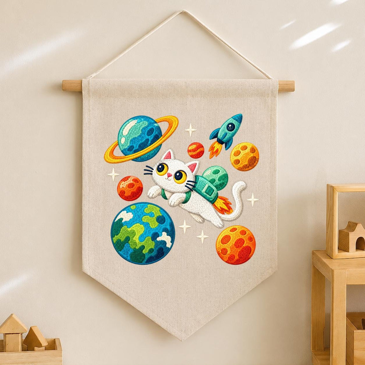 Embroidered Astronaut Cat Canvas Banner Decor, Outer Space Planets Rocket Solar System Nursery Wall Hanging Sign, Kids Room Boy Gift