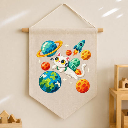 Embroidered Astronaut Cat Canvas Banner Decor, Outer Space Planets Rocket Solar System Nursery Wall Hanging Sign, Kids Room Boy Gift