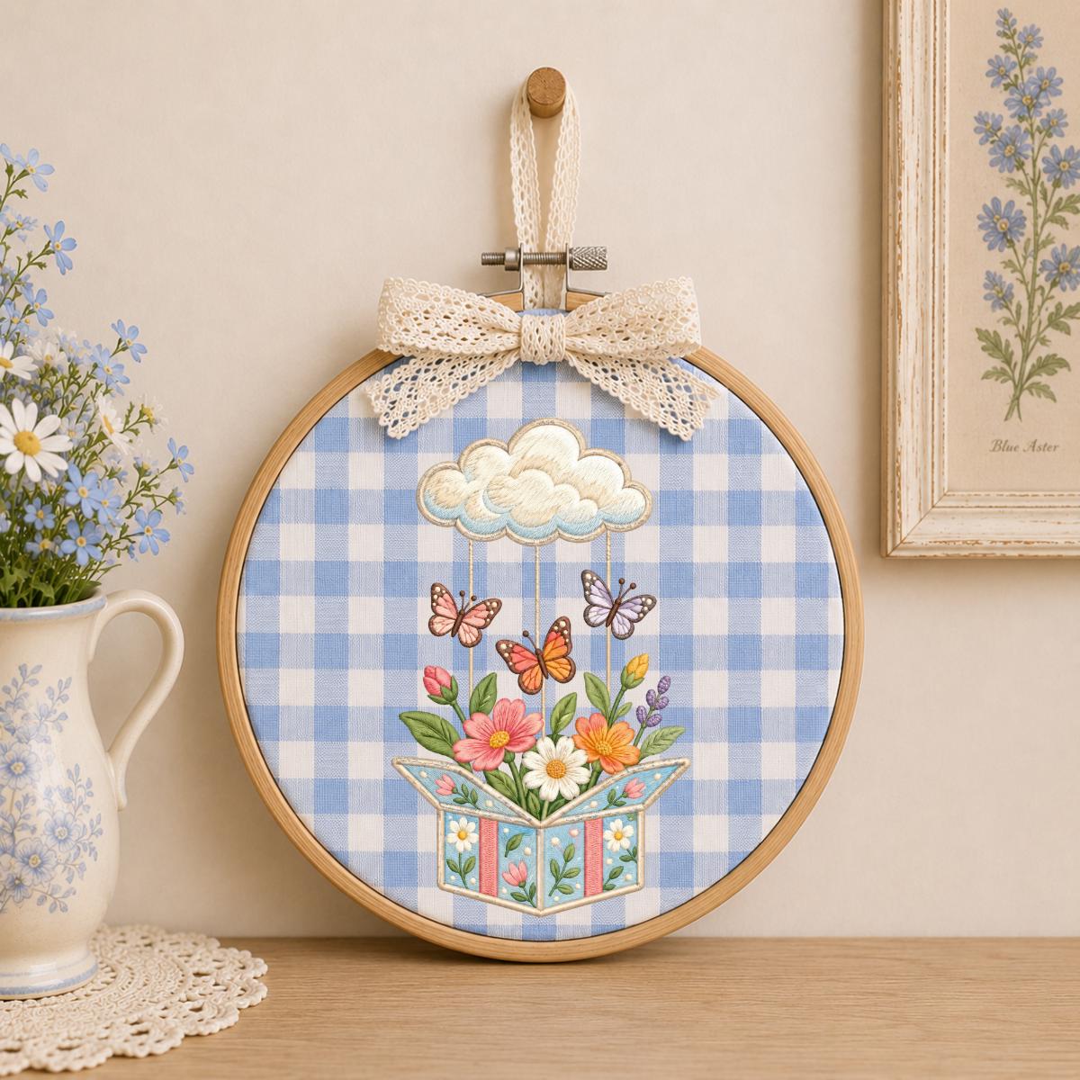 Embroidered Wildflower Box and Cloud Oval Hoop Decor, Sage Satin Bow Flying Butterflies Floral Spring Room Wall Hanging Sign Gift