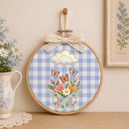 Embroidered Wildflower Box and Cloud Oval Hoop Decor, Sage Satin Bow Flying Butterflies Floral Spring Room Wall Hanging Sign Gift
