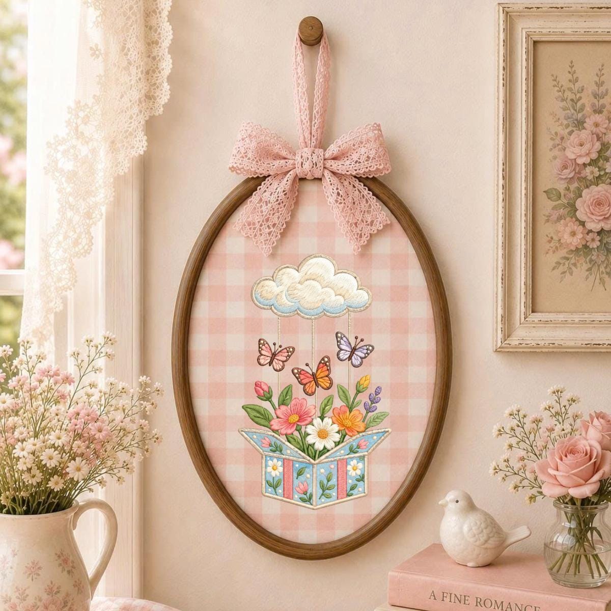 Embroidered Wildflower Box and Cloud Oval Hoop Decor, Sage Satin Bow Flying Butterflies Floral Spring Room Wall Hanging Sign Gift