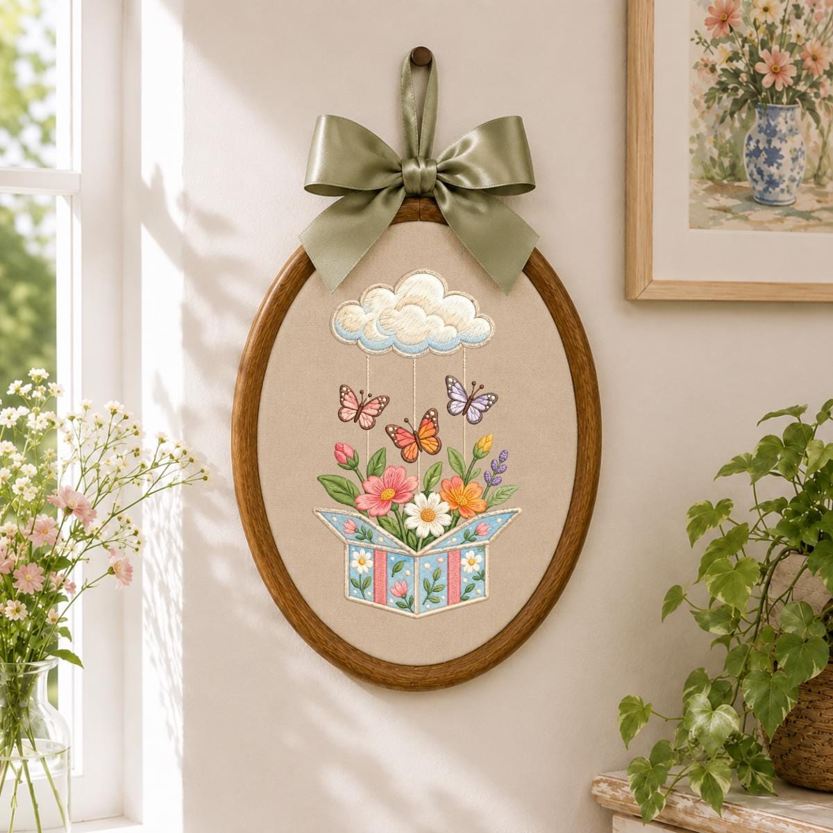 Embroidered Wildflower Box and Cloud Oval Hoop Decor, Sage Satin Bow Flying Butterflies Floral Spring Room Wall Hanging Sign Gift