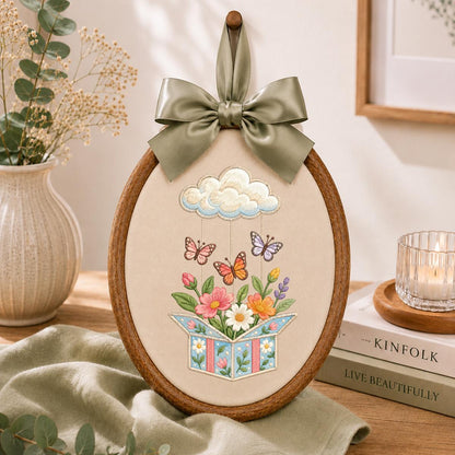 Embroidered Wildflower Box and Cloud Oval Hoop Decor, Sage Satin Bow Flying Butterflies Floral Spring Room Wall Hanging Sign Gift