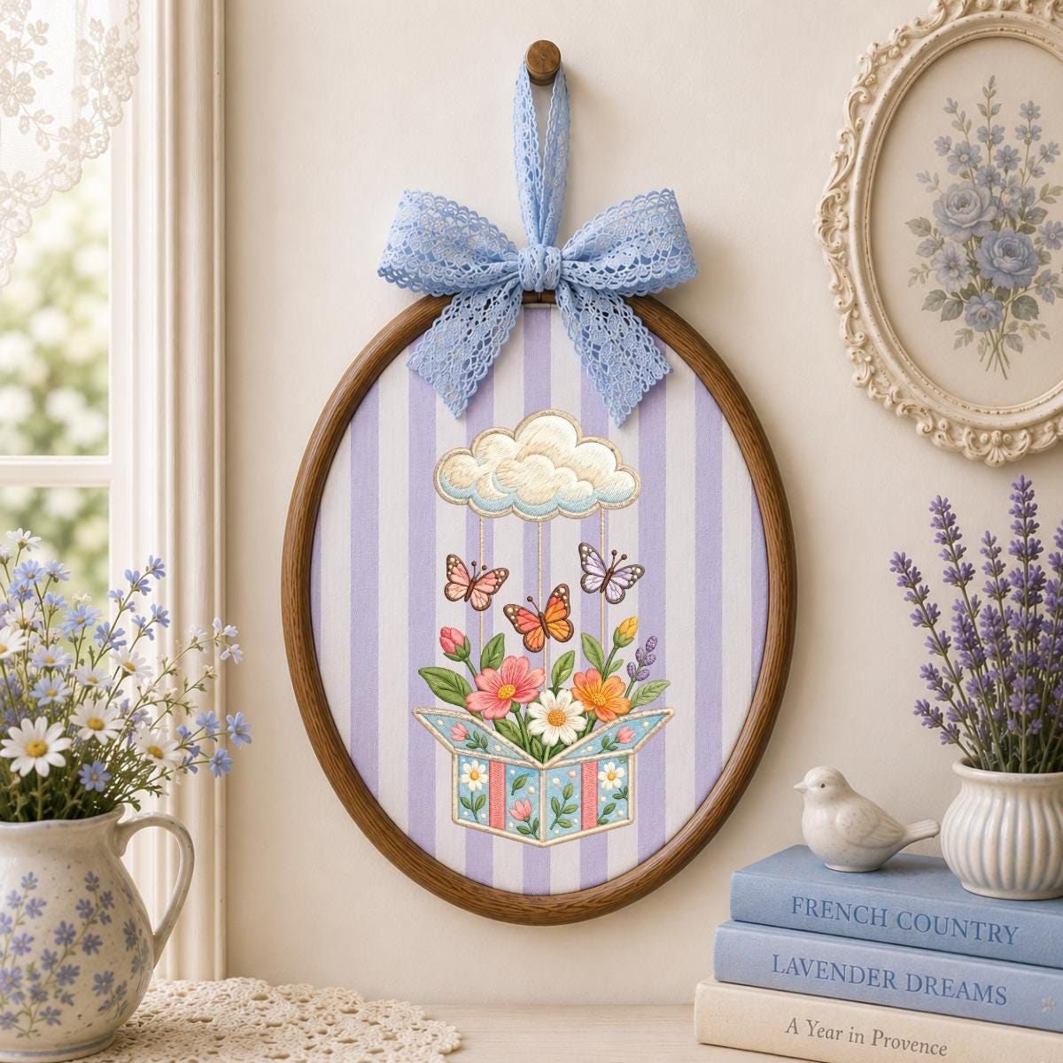 Embroidered Wildflower Box and Cloud Oval Hoop Decor, Sage Satin Bow Flying Butterflies Floral Spring Room Wall Hanging Sign Gift