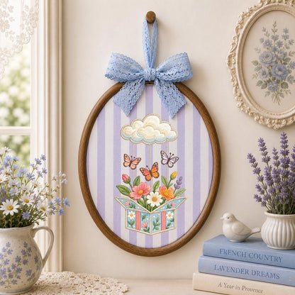 Embroidered Wildflower Box and Cloud Oval Hoop Decor, Sage Satin Bow Flying Butterflies Floral Spring Room Wall Hanging Sign Gift