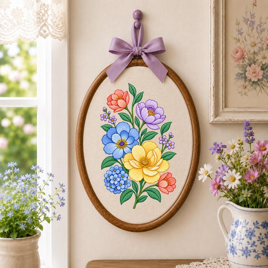 Embroidered Flower Bouquet Oval Hoop Decor, Lavender Ribbon Bow Hydrangea Peony Wildflower Cottagecore Wall Hanging Art, Garden Gift
