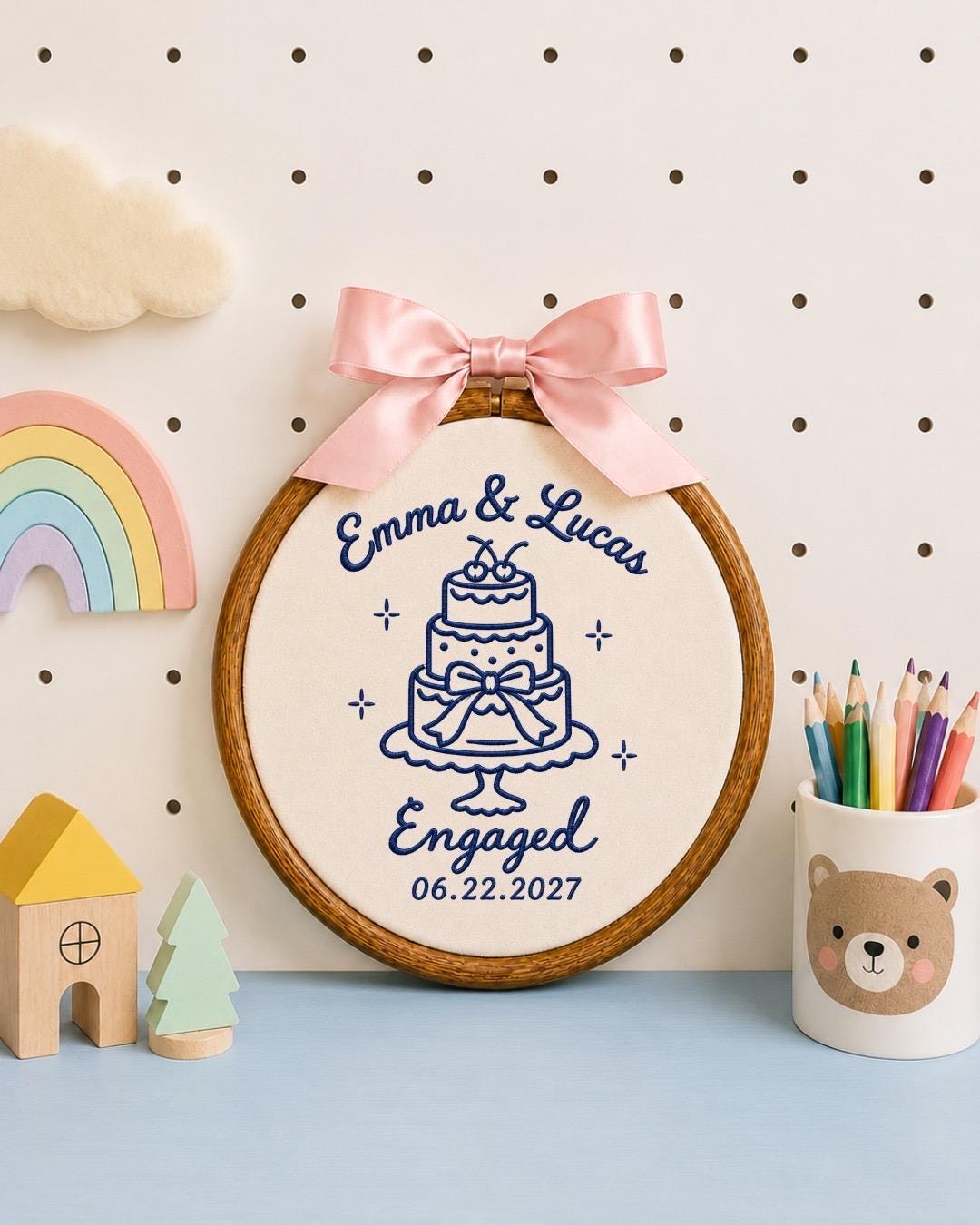 Personalized Engagement Embroidered Ornament, Custom Couple Names Engagement Keepsake, Wedding Cake Ornament, Engaged Couple Gift