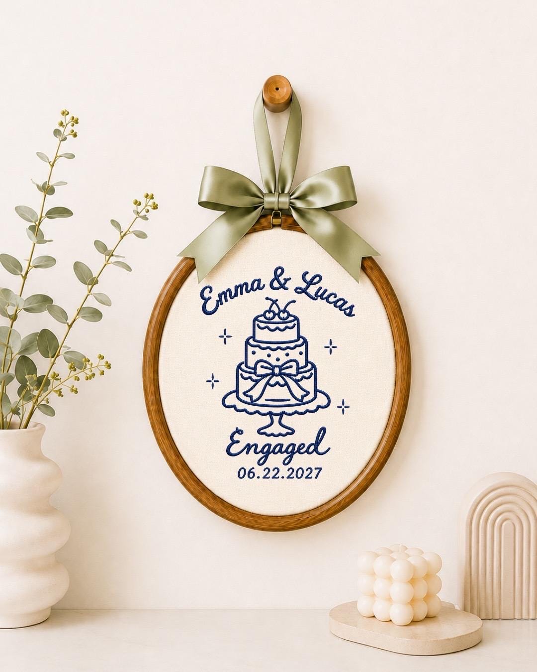 Personalized Engagement Embroidered Ornament, Custom Couple Names Engagement Keepsake, Wedding Cake Ornament, Engaged Couple Gift