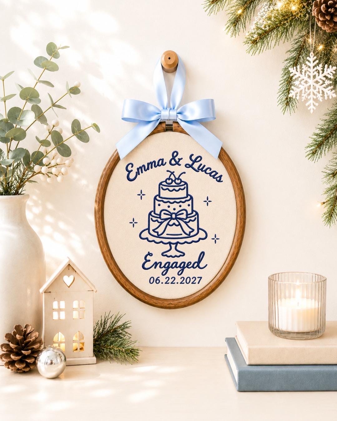 Personalized Engagement Embroidered Ornament, Custom Couple Names Engagement Keepsake, Wedding Cake Ornament, Engaged Couple Gift