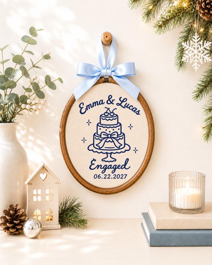 Personalized Engagement Embroidered Ornament, Custom Couple Names Engagement Keepsake, Wedding Cake Ornament, Engaged Couple Gift