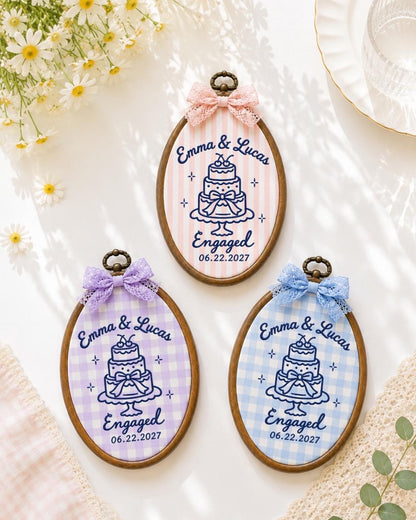 Personalized Engagement Embroidered Ornament, Custom Couple Names Engagement Keepsake, Wedding Cake Ornament, Engaged Couple Gift