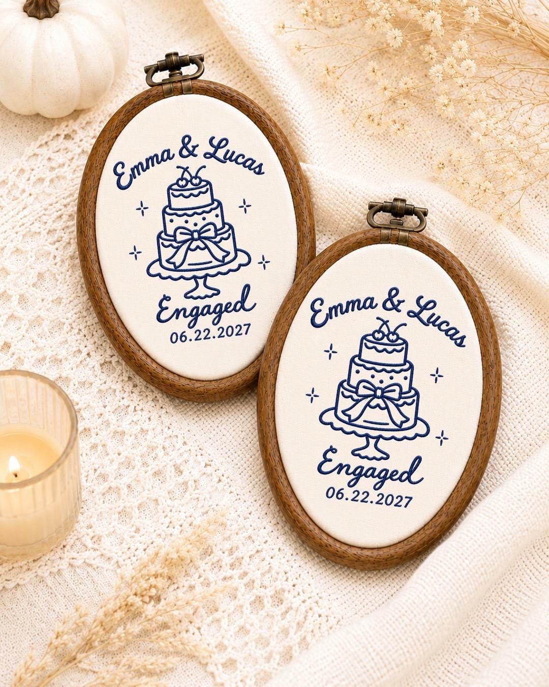 Personalized Engagement Embroidered Ornament, Custom Couple Names Engagement Keepsake, Wedding Cake Ornament, Engaged Couple Gift
