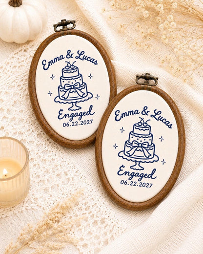 Personalized Engagement Embroidered Ornament, Custom Couple Names Engagement Keepsake, Wedding Cake Ornament, Engaged Couple Gift