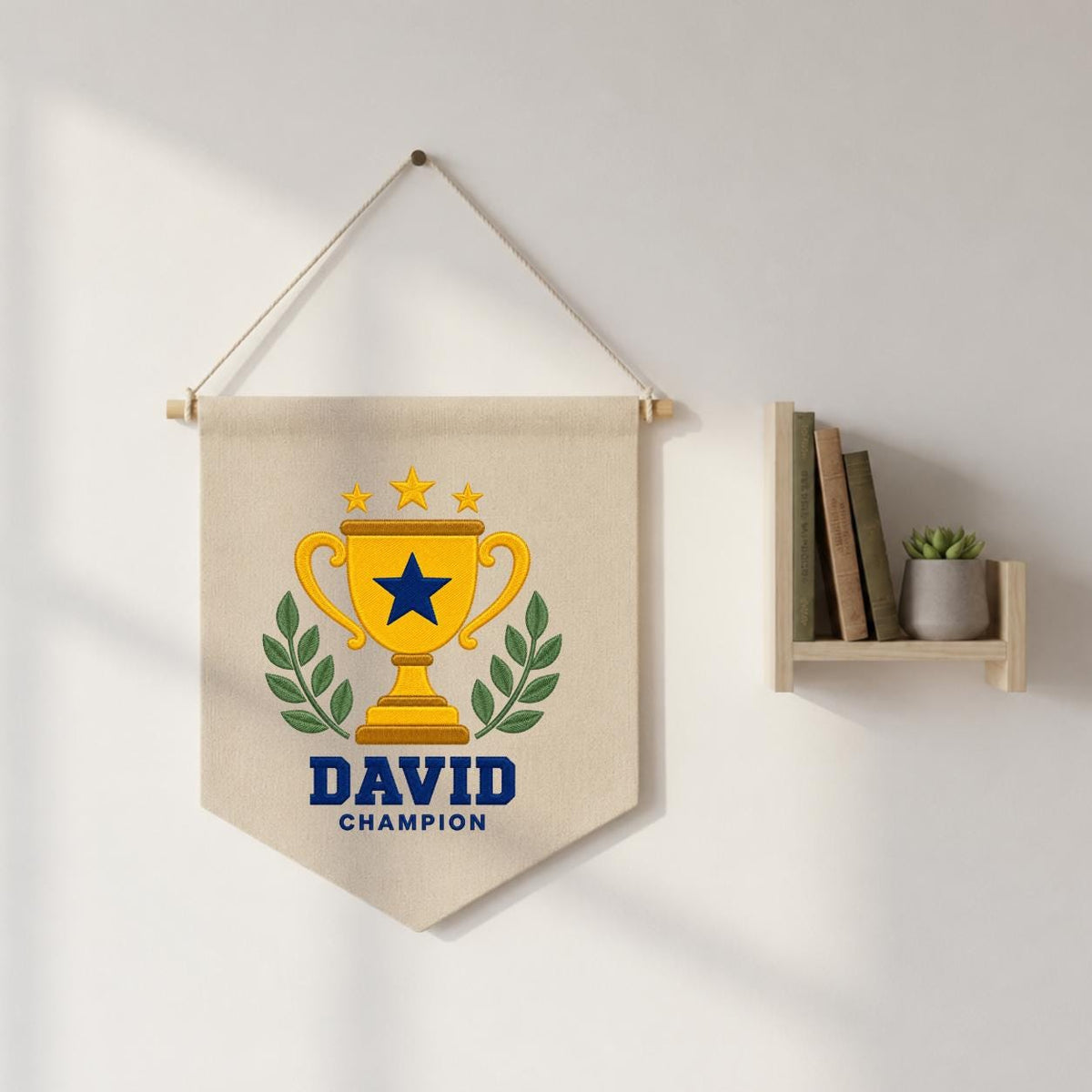 Personalized Trophy Canvas Pennant Banner, Custom Name David Embroidered Champion Sports Laurel Star Baby Boy Nursery Sign Decor