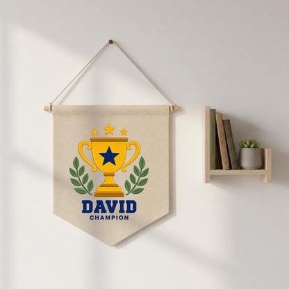 Personalized Trophy Canvas Pennant Banner, Custom Name David Embroidered Champion Sports Laurel Star Baby Boy Nursery Sign Decor