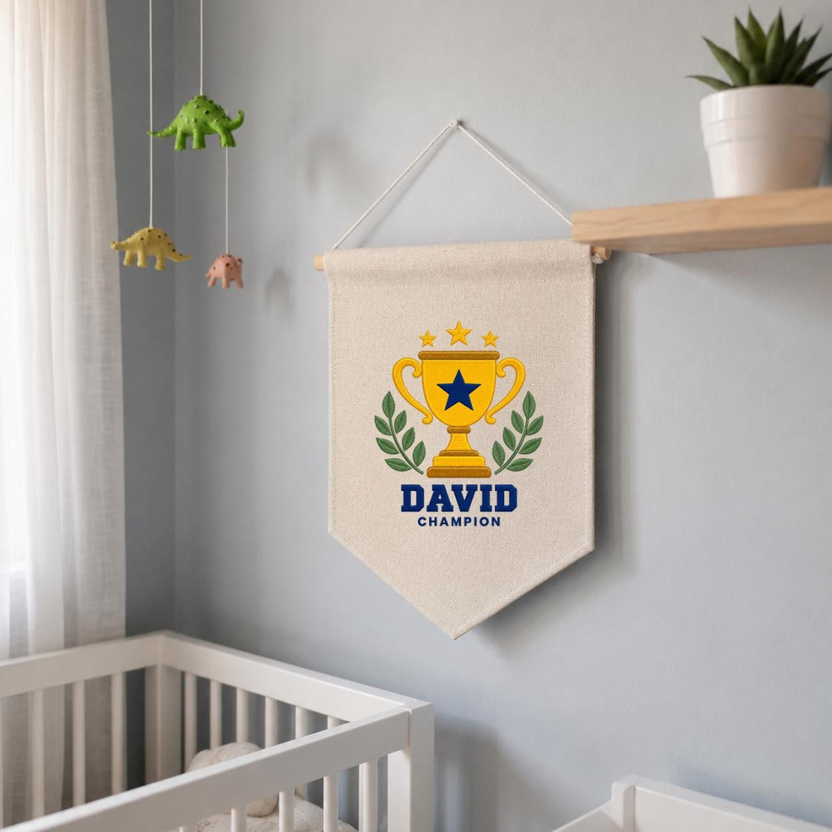 Personalized Trophy Canvas Pennant Banner, Custom Name David Embroidered Champion Sports Laurel Star Baby Boy Nursery Sign Decor