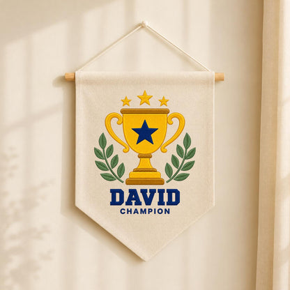 Personalized Trophy Canvas Pennant Banner, Custom Name David Embroidered Champion Sports Laurel Star Baby Boy Nursery Sign Decor