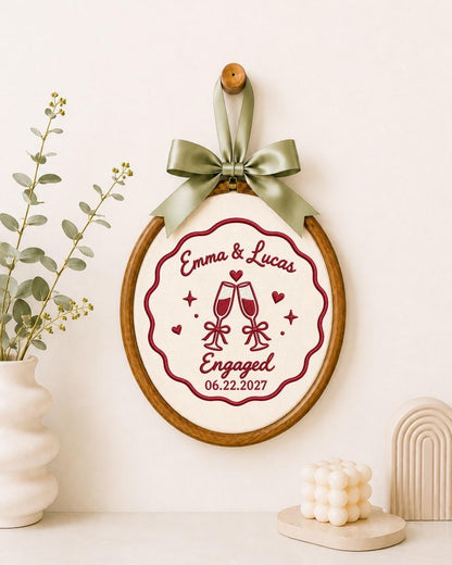 Personalized Engagement Embroidered Ornament, Custom Couple Name Gift, Champagne Toast Keepsake, Engaged Couple Ornament, Proposal Gift