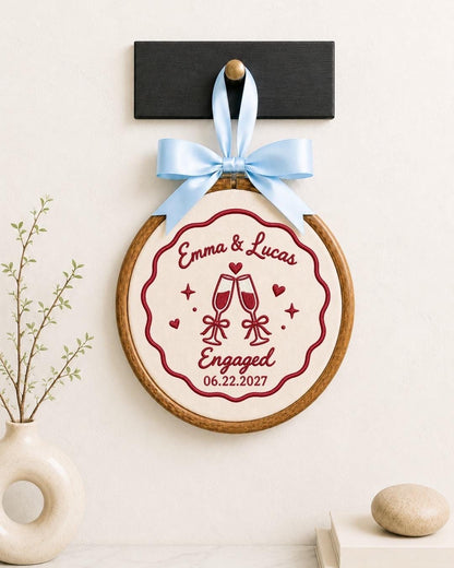 Personalized Engagement Embroidered Ornament, Custom Couple Name Gift, Champagne Toast Keepsake, Engaged Couple Ornament, Proposal Gift