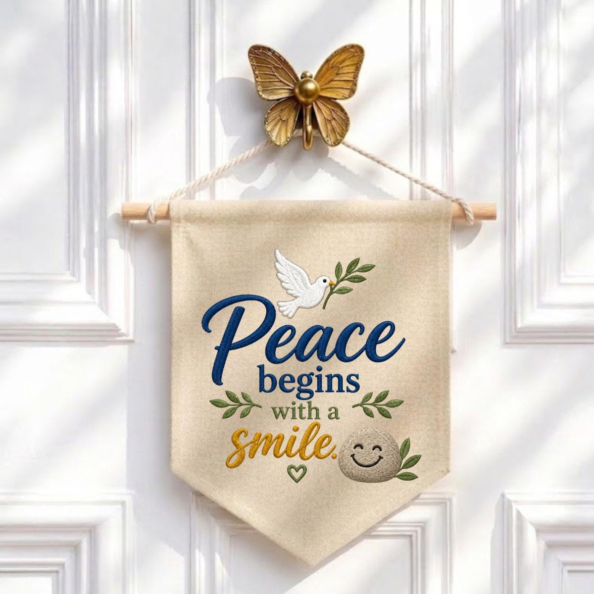 Embroidered Peace Dove Canvas Pennant Banner Decor, Peace Begins with a Smile Sign, Olive Branch Positive Quote Classroom Office Gift