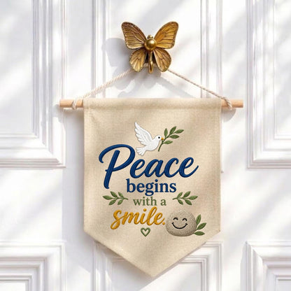Embroidered Peace Dove Canvas Pennant Banner Decor, Peace Begins with a Smile Sign, Olive Branch Positive Quote Classroom Office Gift