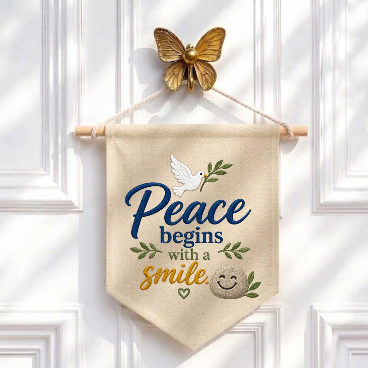 Peace Begins with a Smile Embroidered Banner Decor, Cute Dove Olive Branch Smiling Rock Sign, Whimsical Inspirational Wall Hanging Gift