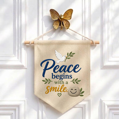 Peace Begins with a Smile Embroidered Banner Decor, Cute Dove Olive Branch Smiling Rock Sign, Whimsical Inspirational Wall Hanging Gift