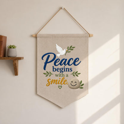 Peace Begins with a Smile Embroidered Banner Decor, Cute Dove Olive Branch Smiling Rock Sign, Whimsical Inspirational Wall Hanging Gift