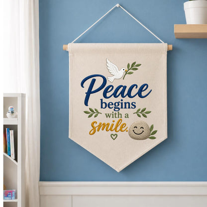 Peace Begins with a Smile Embroidered Banner Decor, Cute Dove Olive Branch Smiling Rock Sign, Whimsical Inspirational Wall Hanging Gift