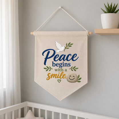 Peace Begins with a Smile Embroidered Banner Decor, Cute Dove Olive Branch Smiling Rock Sign, Whimsical Inspirational Wall Hanging Gift