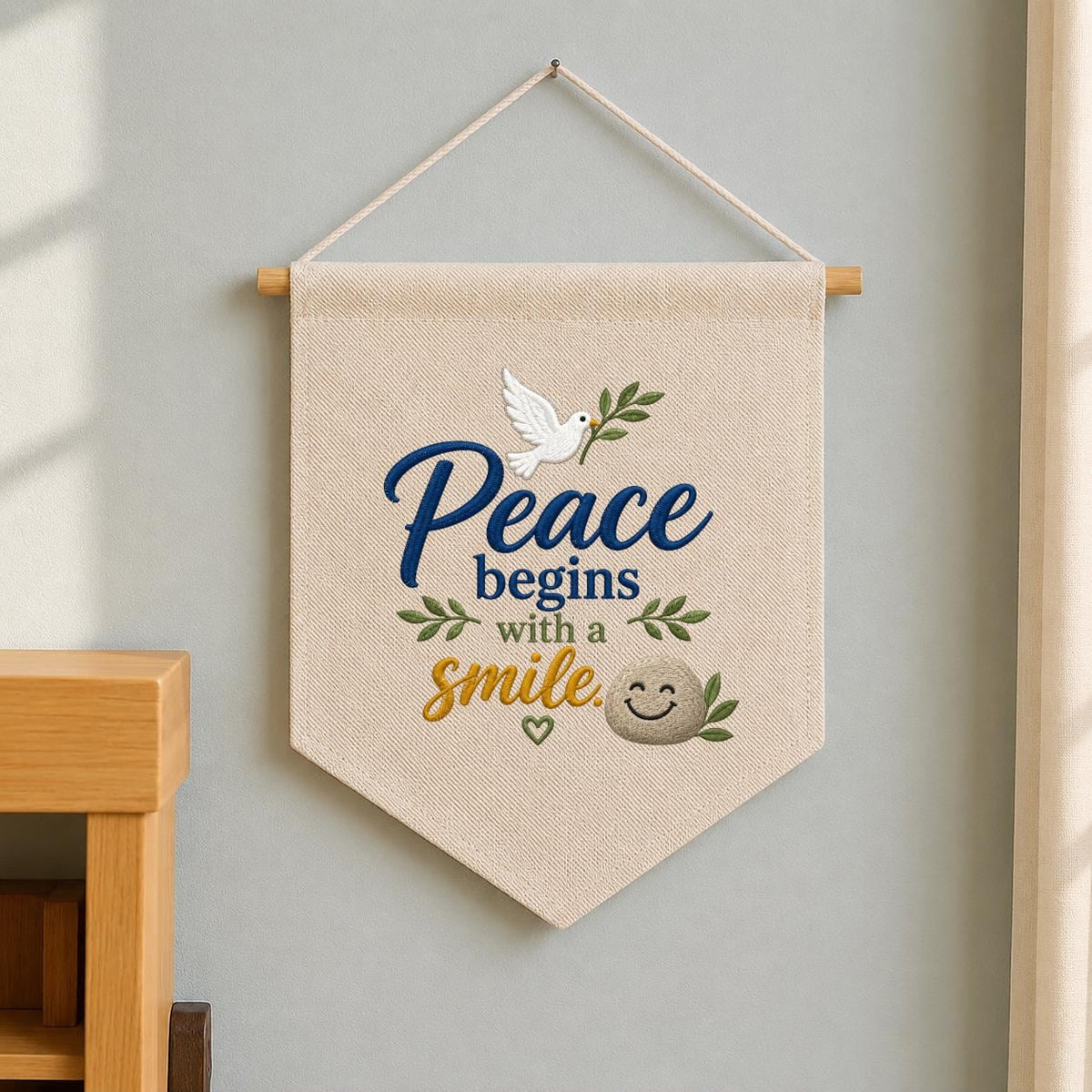 Embroidered Peace Dove Canvas Pennant Banner Decor, Peace Begins with a Smile Sign, Olive Branch Positive Quote Classroom Office Gift