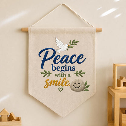 Peace Begins with a Smile Embroidered Banner Decor, Cute Dove Olive Branch Smiling Rock Sign, Whimsical Inspirational Wall Hanging Gift
