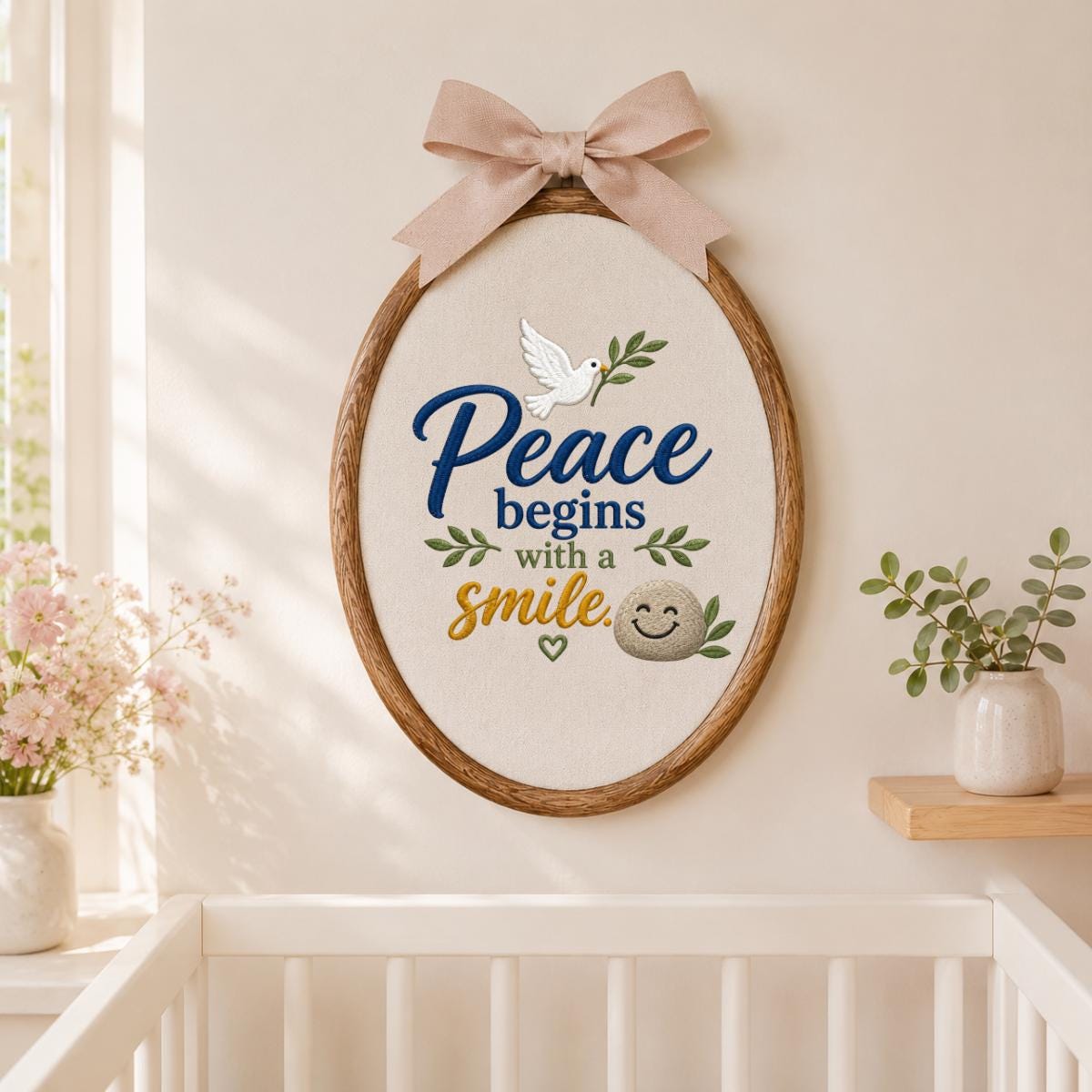 Embroidered Peace Dove Oval Hoop Decor, Blue Lace Bow Peace Begins with a Smile Striped Fabric Sign, Classroom Nursery Wall Hanging Gift