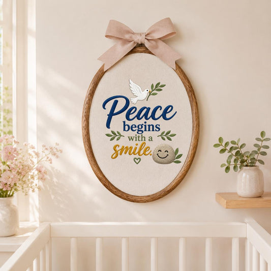 Embroidered Peace Dove Oval Hoop Decor, Blue Lace Bow Peace Begins with a Smile Striped Fabric Sign, Classroom Nursery Wall Hanging Gift