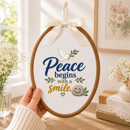 Embroidered Peace Dove Oval Hoop Decor, Blue Lace Bow Peace Begins with a Smile Striped Fabric Sign, Classroom Nursery Wall Hanging Gift