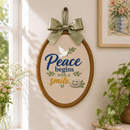 Embroidered Peace Dove Oval Hoop Decor, Blue Lace Bow Peace Begins with a Smile Striped Fabric Sign, Classroom Nursery Wall Hanging Gift