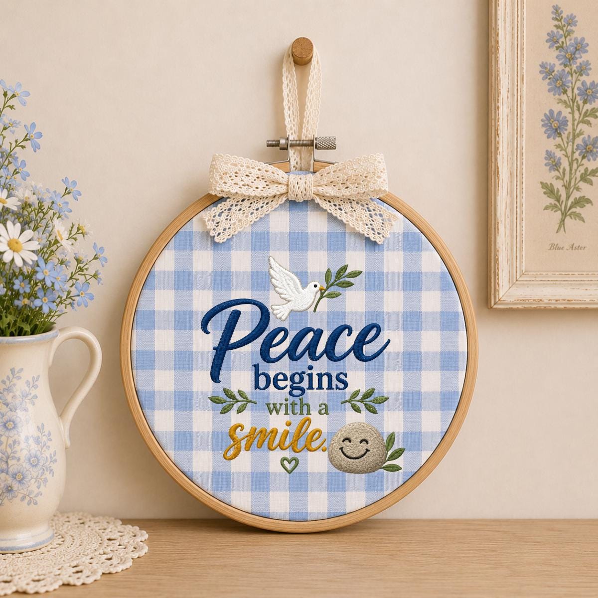 Embroidered Peace Dove Oval Hoop Decor, Blue Lace Bow Peace Begins with a Smile Striped Fabric Sign, Classroom Nursery Wall Hanging Gift