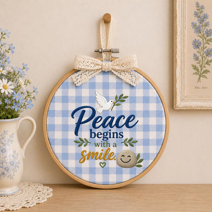 Embroidered Peace Dove Oval Hoop Decor, Blue Lace Bow Peace Begins with a Smile Striped Fabric Sign, Classroom Nursery Wall Hanging Gift